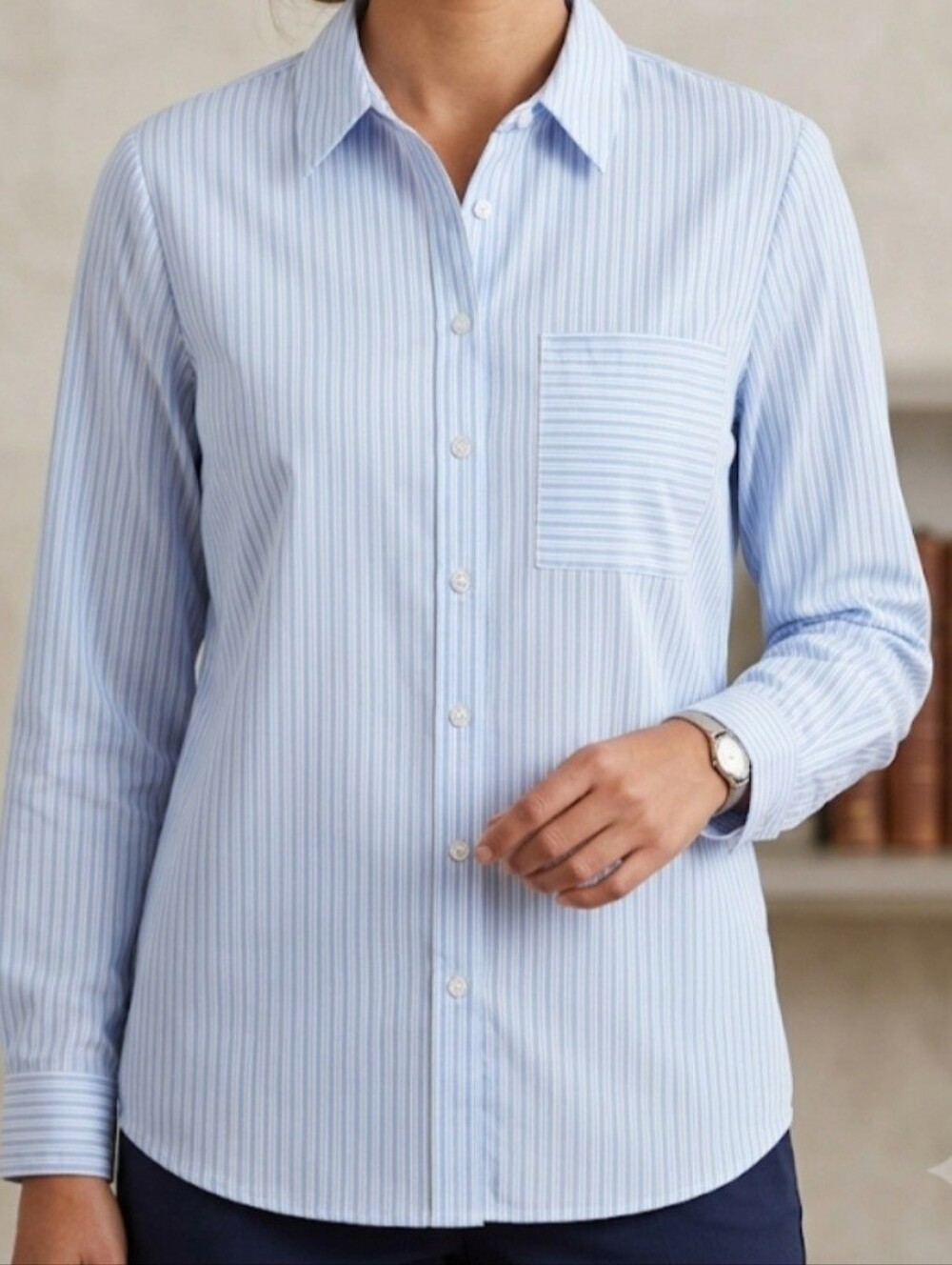 Modern Works Blue Stripe Long Sleeve Button - Up Top Size XL Preppy
